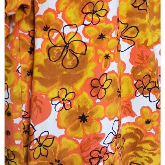 Vtg Hawaiian Barkcloth Handmade Midi Coat Gold Coral Floral Elbow  Sleeve Sz M - Picture 3 of 16